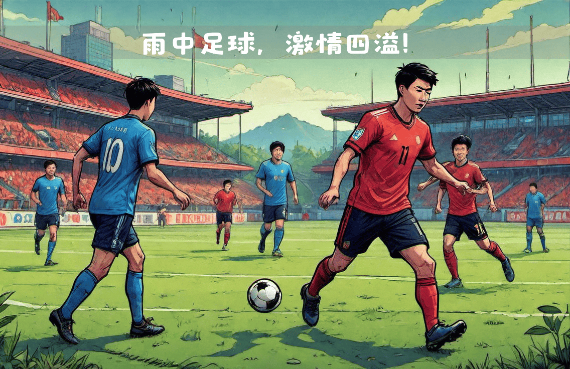 足球场上对抗激烈，球员们斗志昂扬，决战在即
